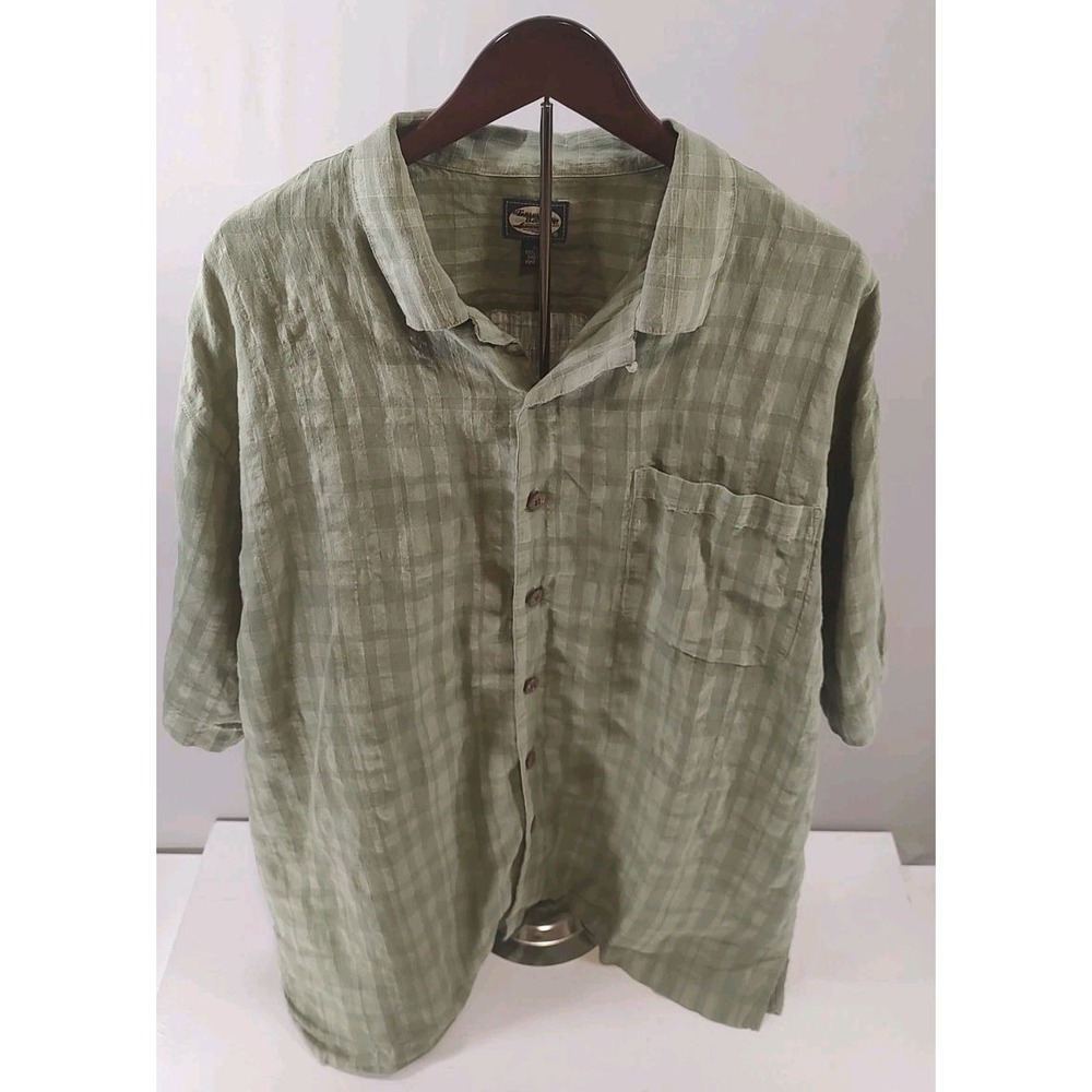Tommy Bahama Mens XL Olive Green Grid Linen Short Sleeve Button Down Beach Wear